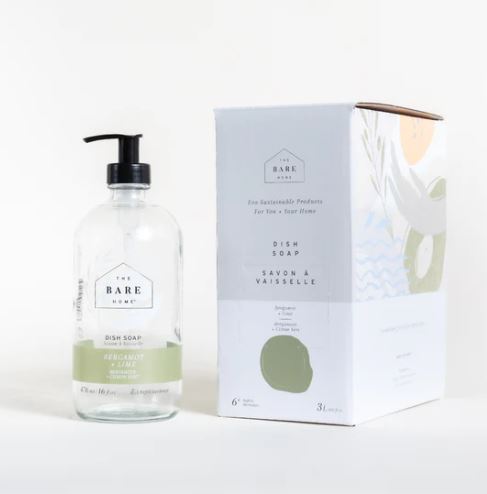 Bergamot Lime dish soap in refill box by The Bare Home, 16 oz plastic bottle with green and white label, for kitchen use