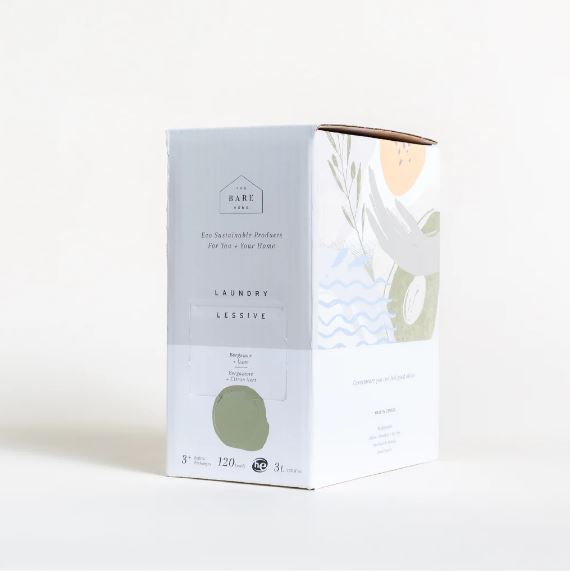 Close-up of the Bergamot Lime Laundry Detergent label highlighting fresh citrus scent details on the transparent bottle.