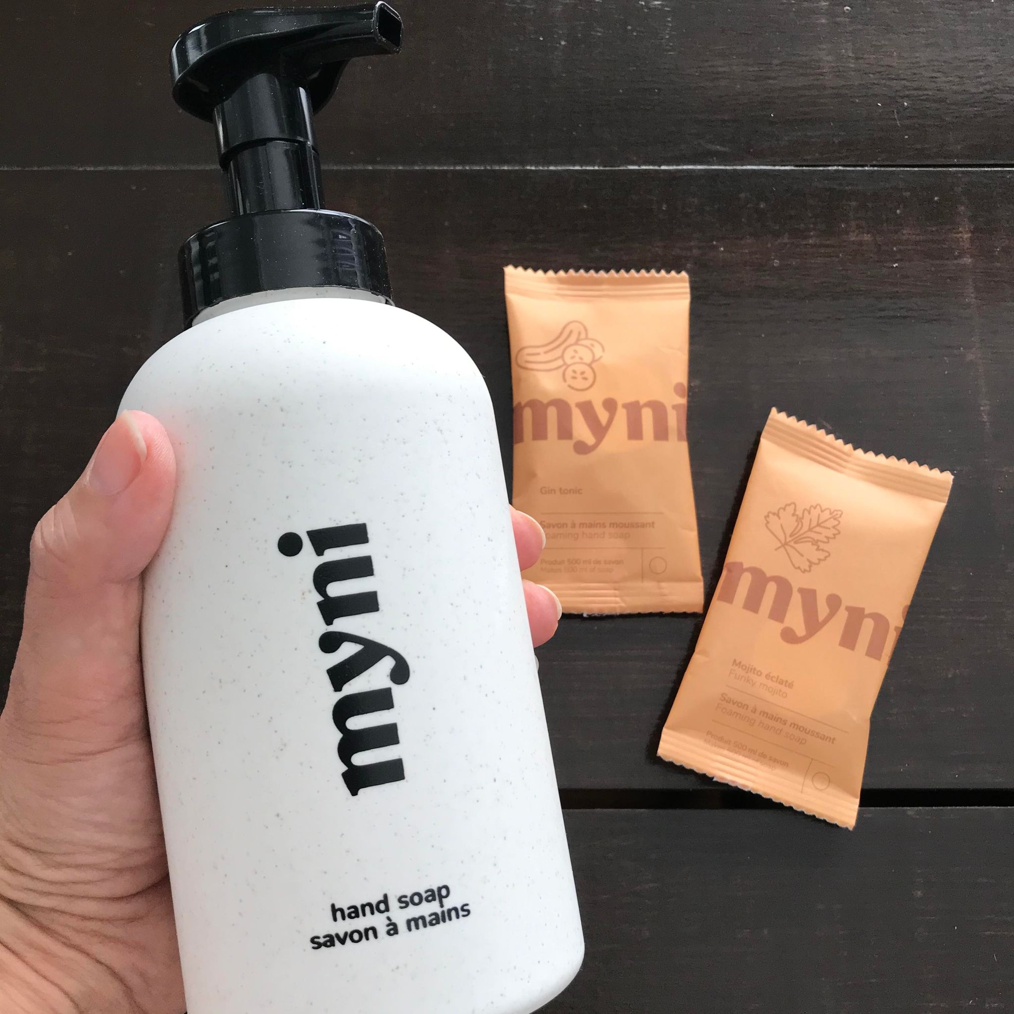 Myni Clean Hands Kit with biodegradable foaming hand soap tablets in eco-friendly packaging and Canadian-made branding