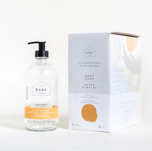 The Bare Home blood orange, bergamot, and sandalwood liquid hand soap in 250ml amber plastic bottle with pump dispenser