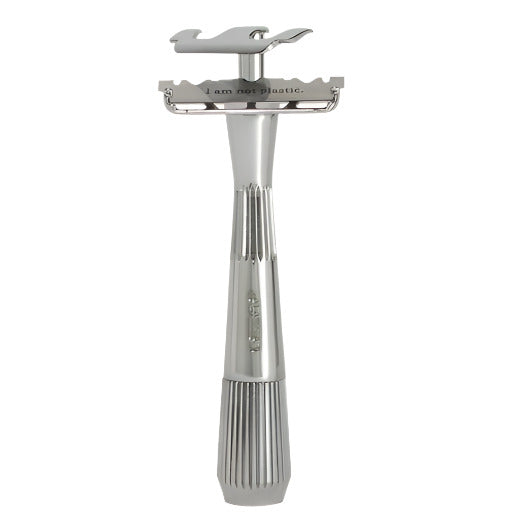 Leaf Shave Thorn Razor in silver with textured stainless steel handle, precise blade alignment, and sleek minimalist design