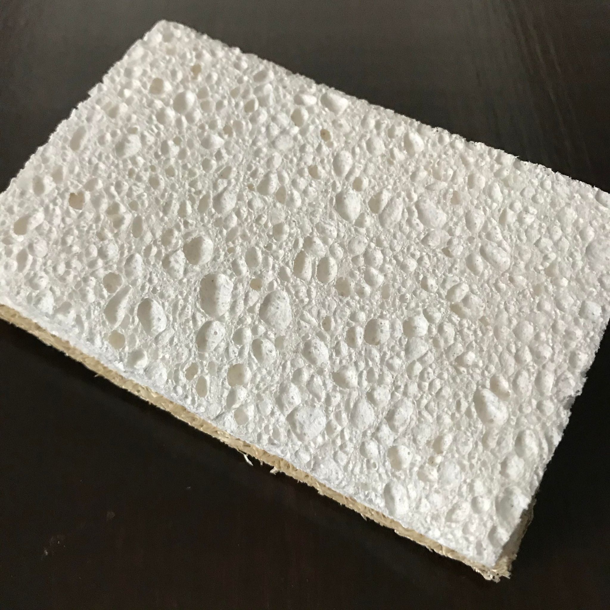 Close-up of the compostable sponge’s textured surface showing embedded plant-based fibers and eco-friendly material details