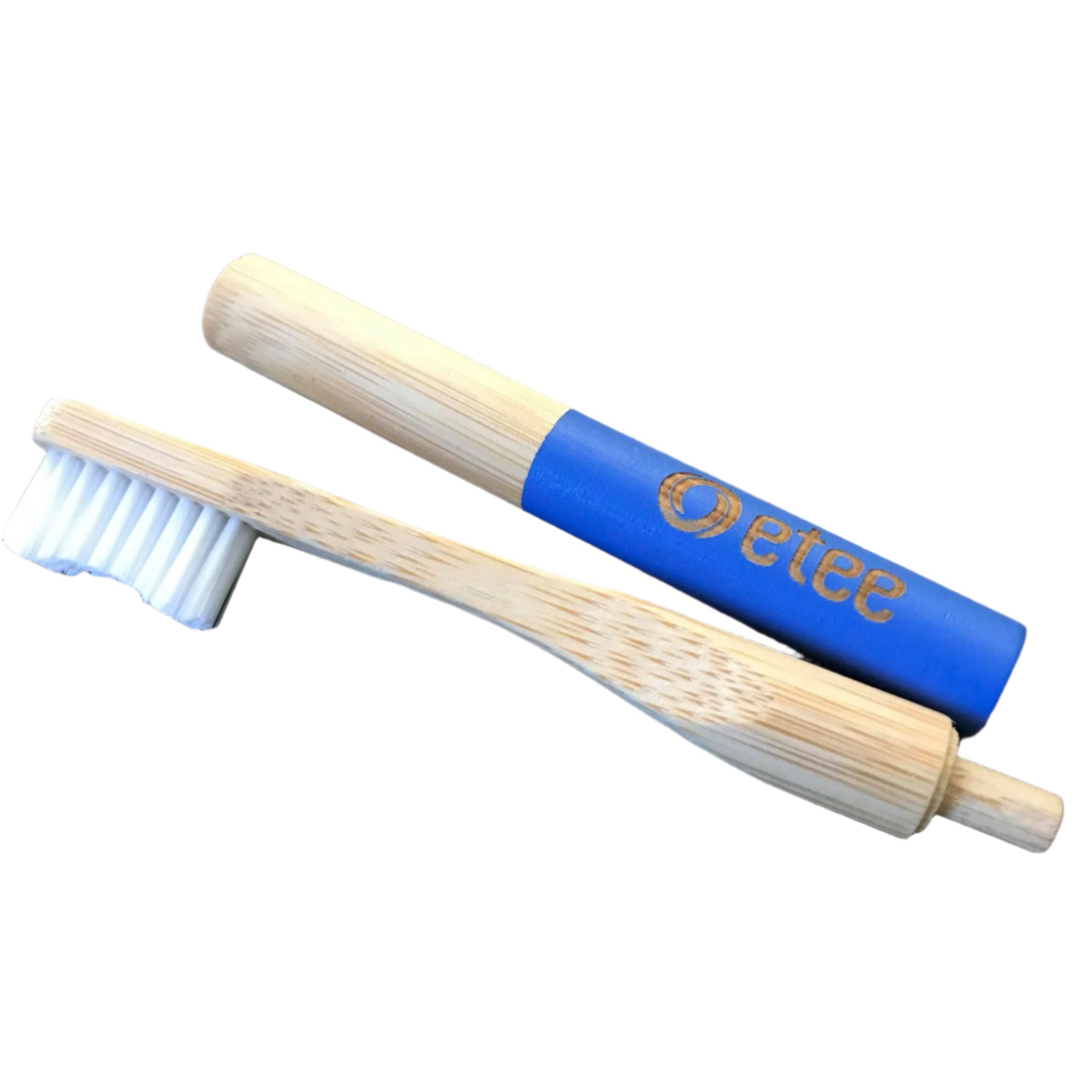 Close-up of the bamboo handle's textured surface and smooth replaceable head connection on the toothbrush.