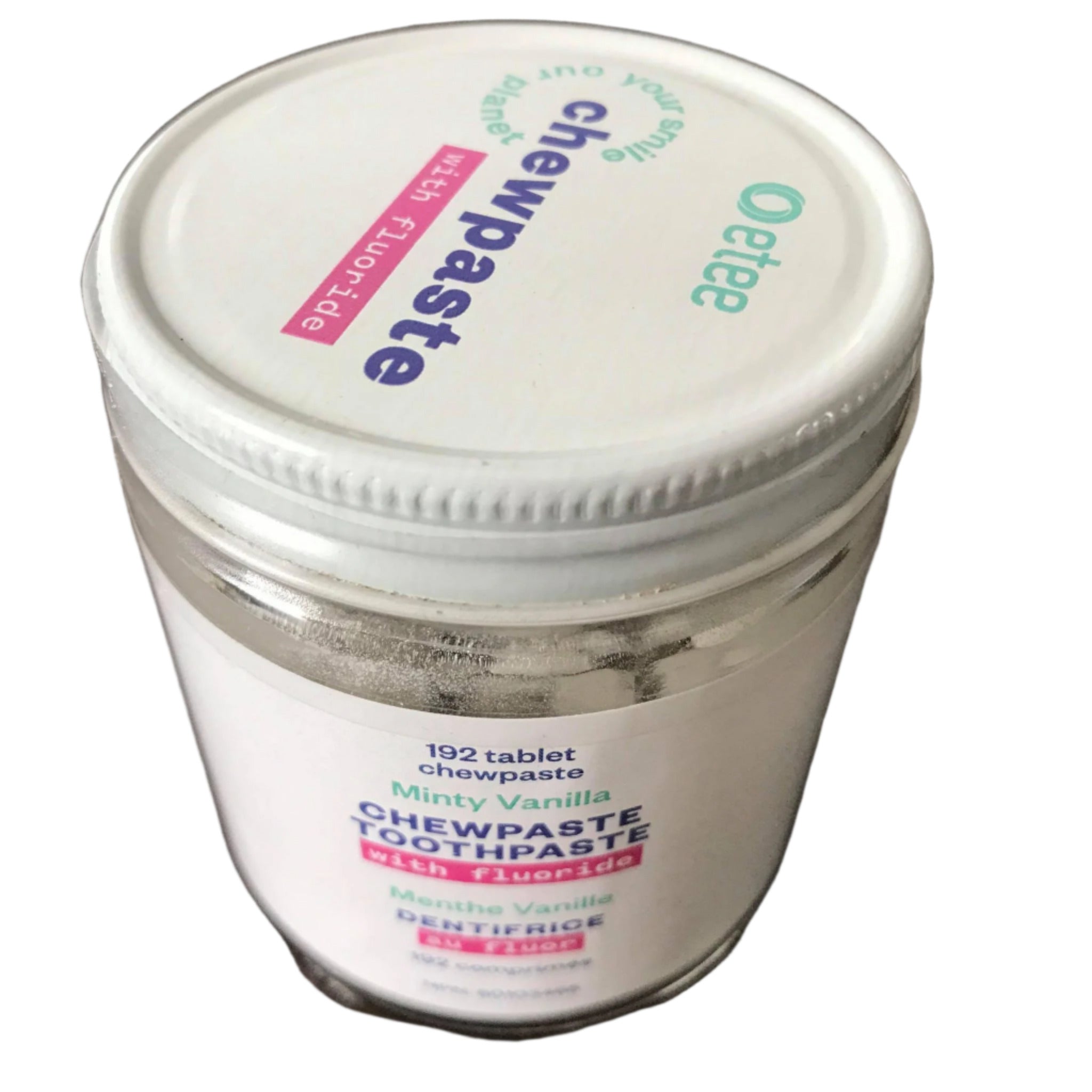 Close-up of fluoride Chewpaste tablet packaging displaying textured surface and vibrant green color detail