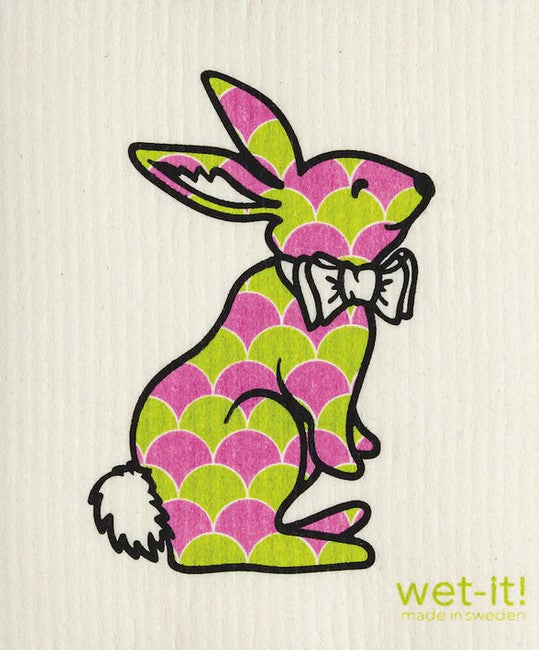 Easter themed Swedish sponge cloth with a lime green and pink bunny with white bowtie wet it swedish cloth