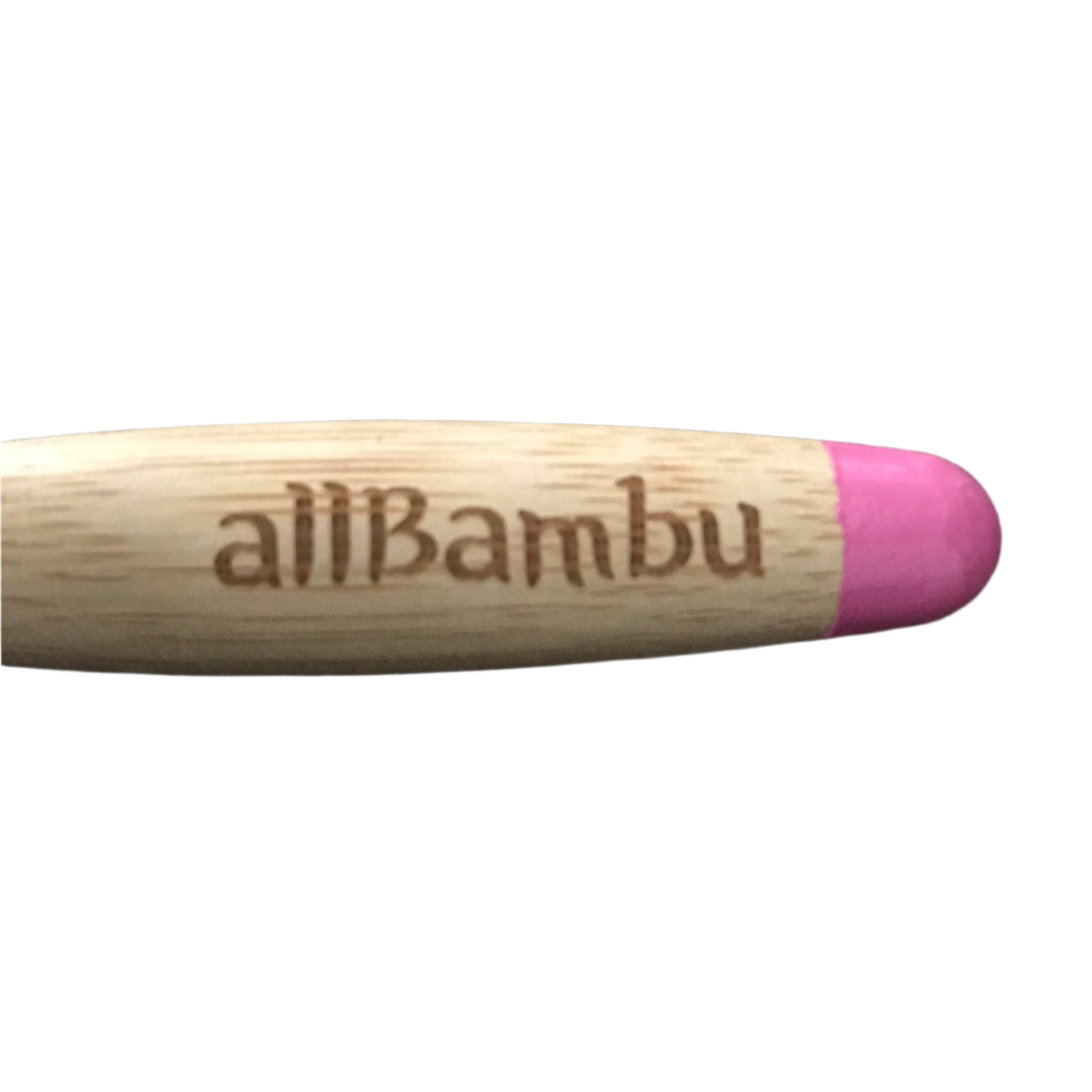 Close-up of allBambu toothbrush handle displaying textured bamboo grain and engraved logo tip designed for ergonomic grip