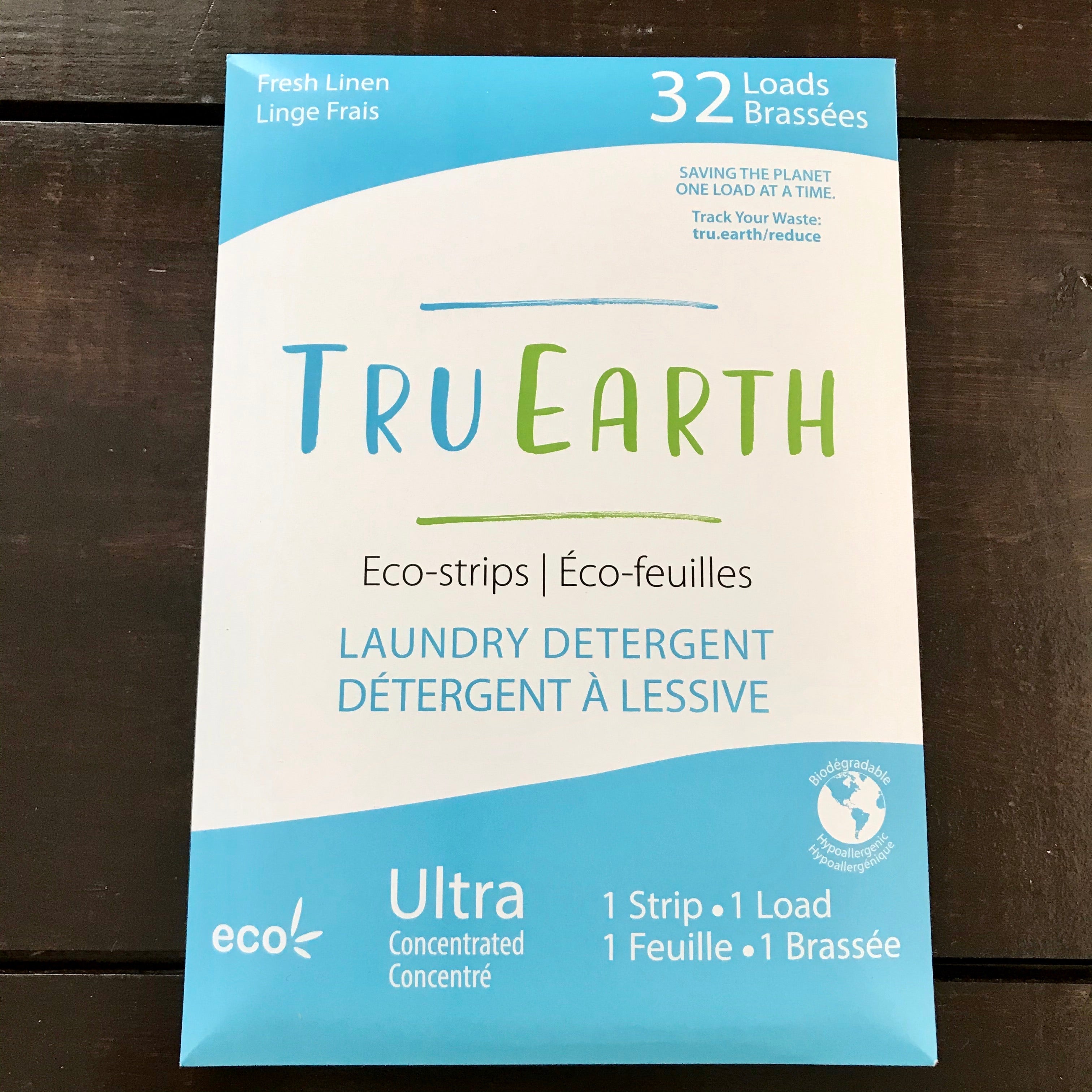 Close-up of Tru Earth Eco Strips packaging highlighting the eco-friendly label and minimalistic design detail.