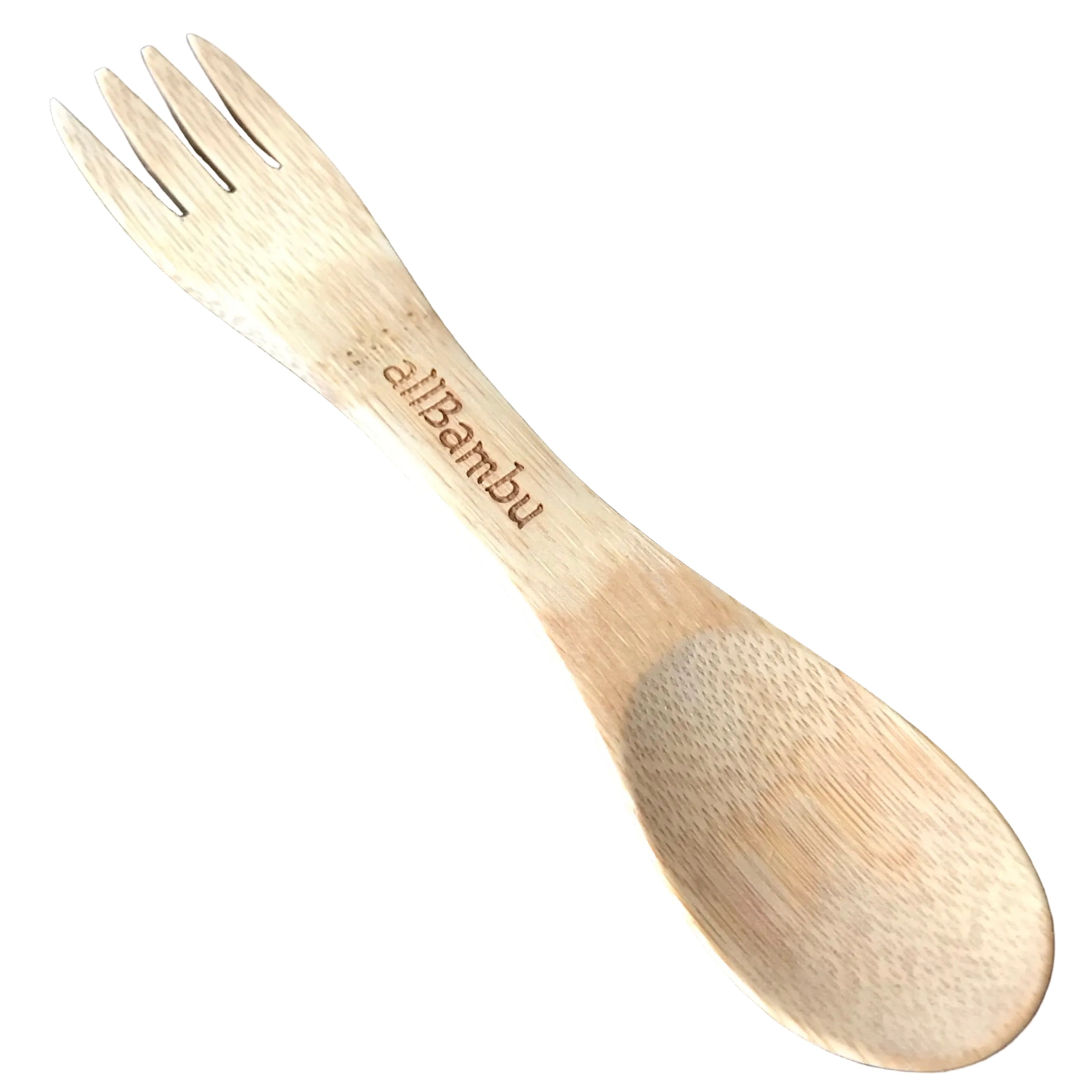 Close-up of the bamboo spork’s textured grain and tapered tip, highlighting its eco-friendly, hand-crafted design from a
