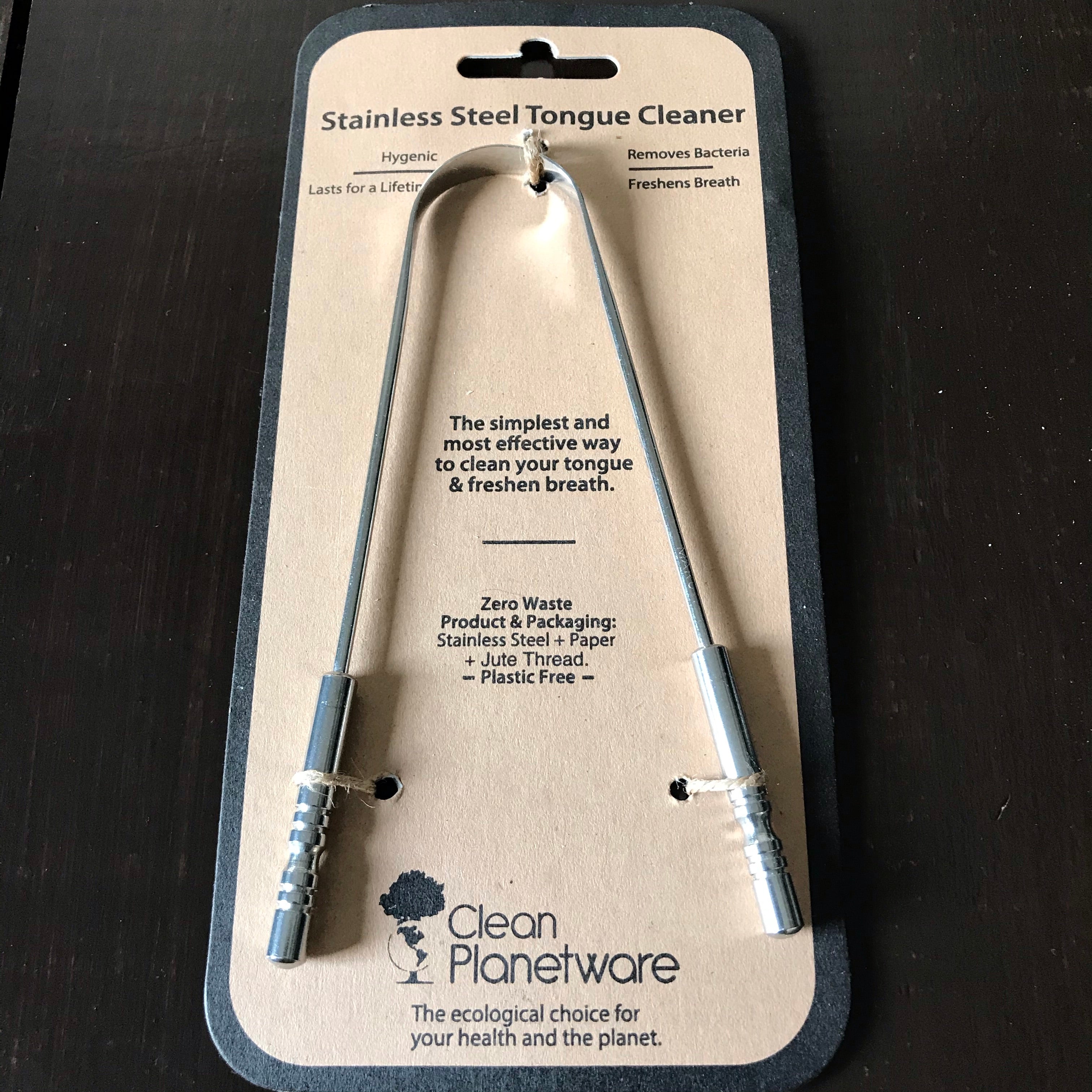 Clean Planetware stainless steel tongue cleaner with textured handle and curved scraping edge for oral hygiene, 4 inches long