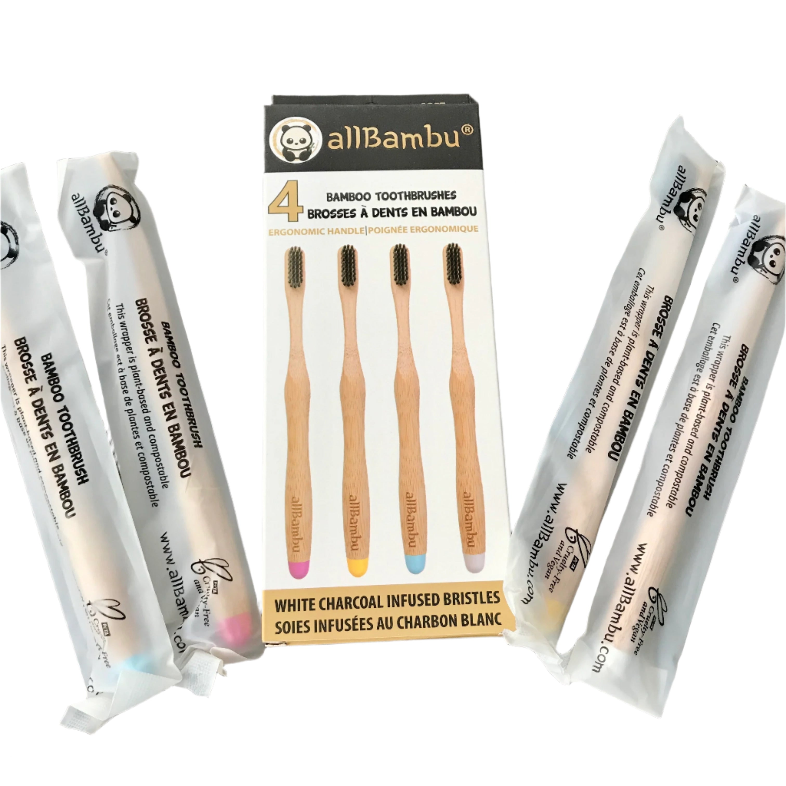 Close-up of natural bamboo bristles and smooth wooden handle showcasing the textured surface of allBambu toothbrush #2 of 9.