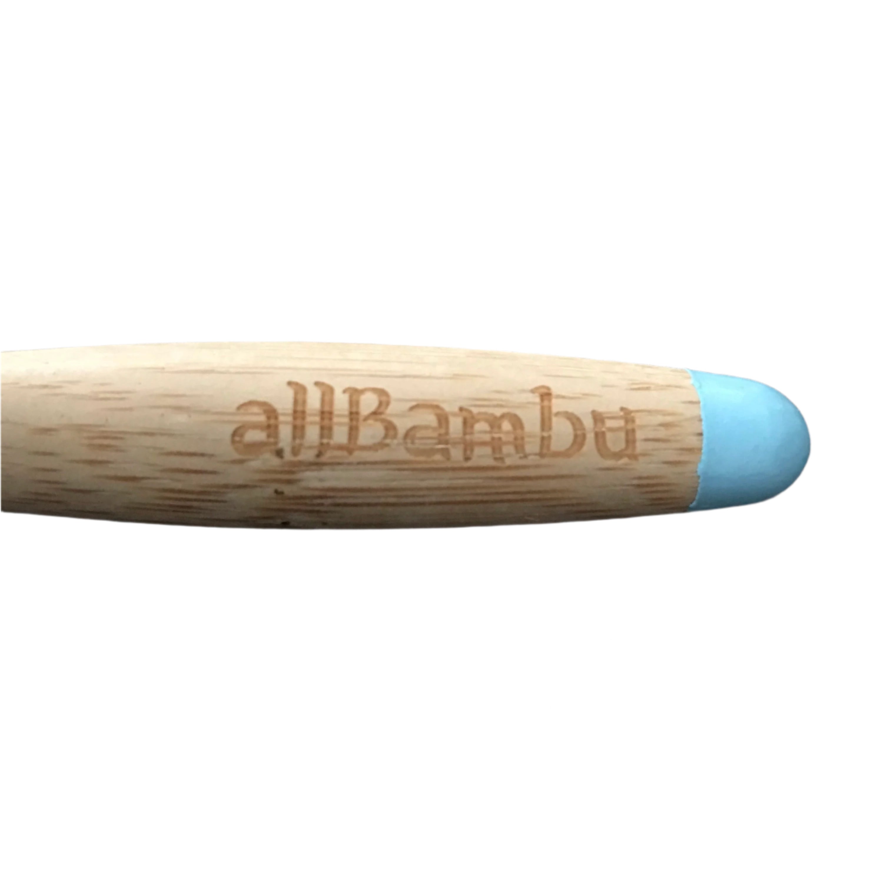 Close-up of the allBambu toothbrush handle showcasing smooth bamboo grain and textured grip area in natural light