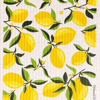 Ten and Co Lemon Blossom Swedish sponge cloth with yellow lemon print, textured cellulose material, 11x7 inches