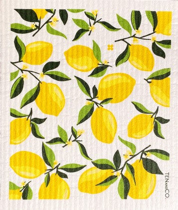 Close-up of the Lemon Blossom Ten and Co Swedish Cloth's textured surface showing lemon-yellow strands and soft fiber detail