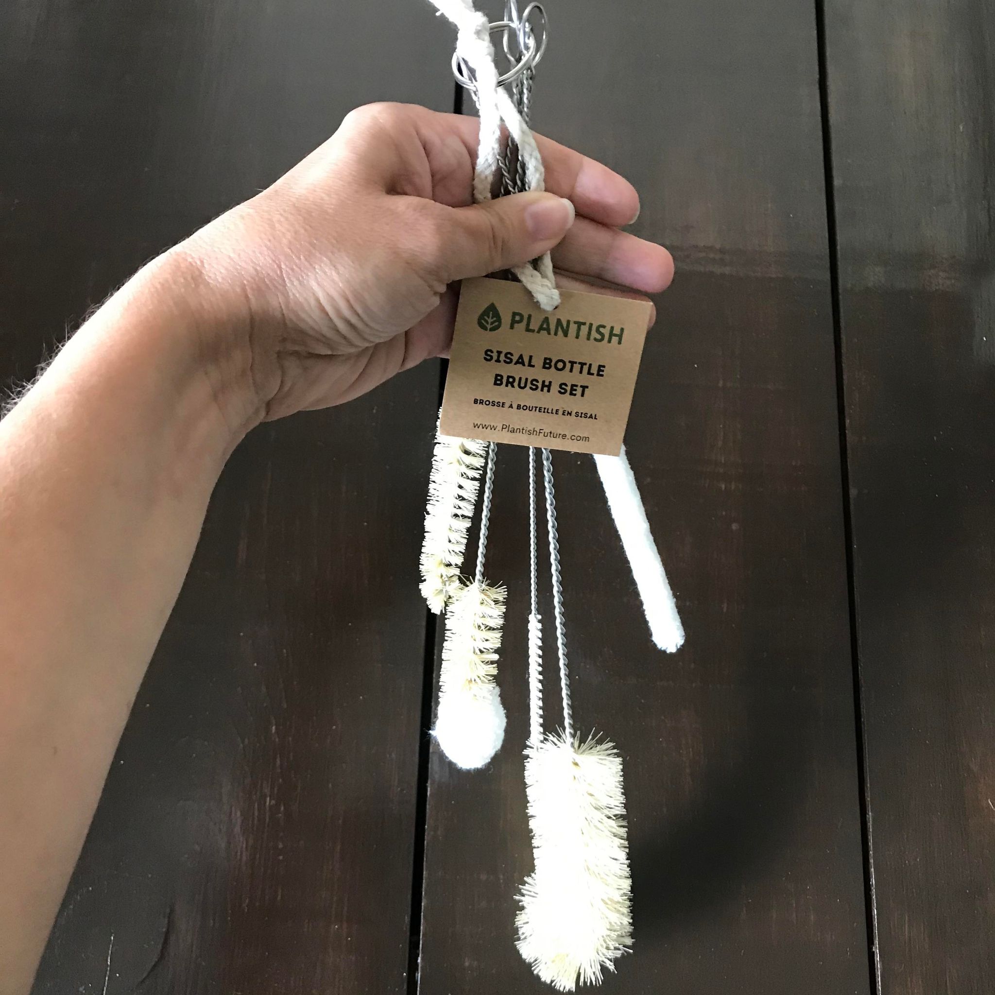 Plantish sisal bottle brushes with twisted natural fiber bristles and green plastic handles, 12 inches long for kitchen