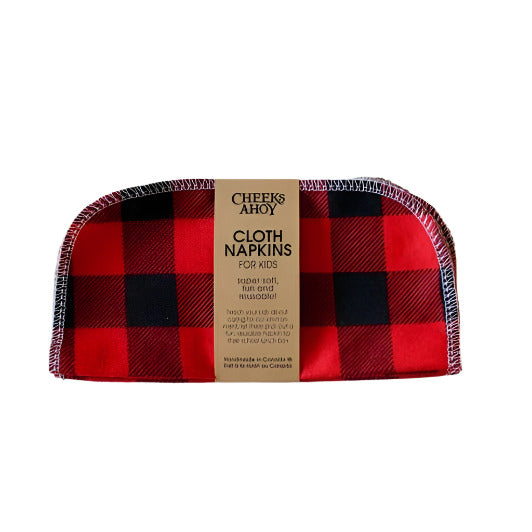Cheeks Ahoy red and black plaid reusable cloth napkins, 12x12 inches, cotton fabric with soft woven texture, Canadian-made