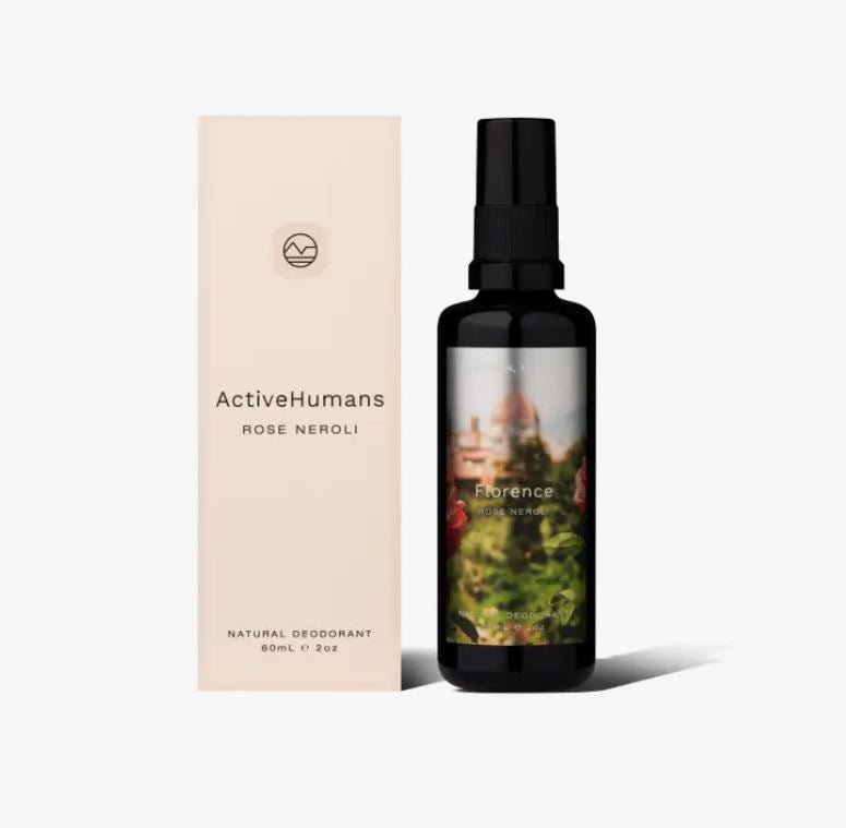 Close-up of the Active Humans Rose Neroli Deodorant spray nozzle with textured matte finish and clear transparent cap