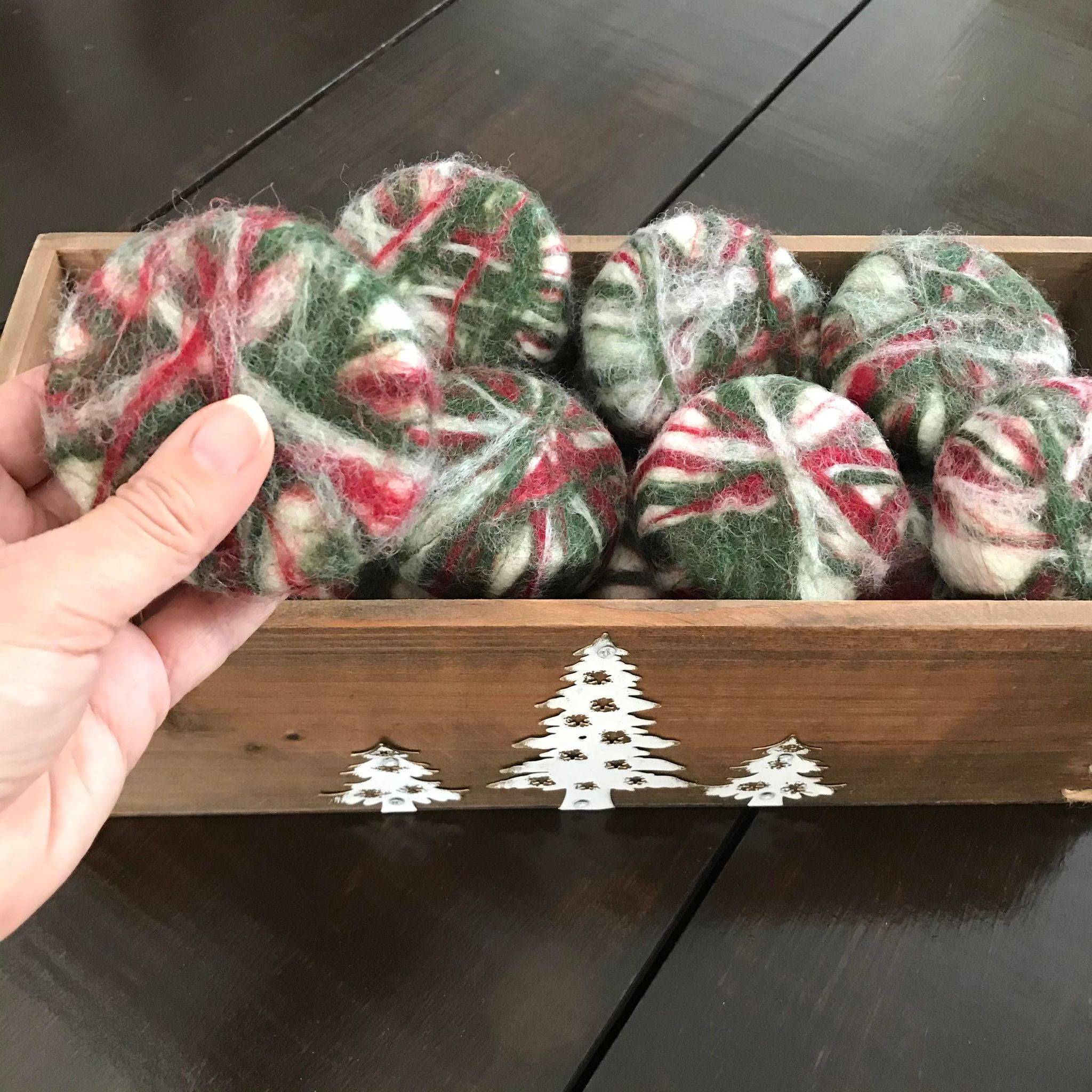 Felted Christmas soap with cedarwood and mint essential oils, featuring colorful felted wool exterior, by Simply Natural