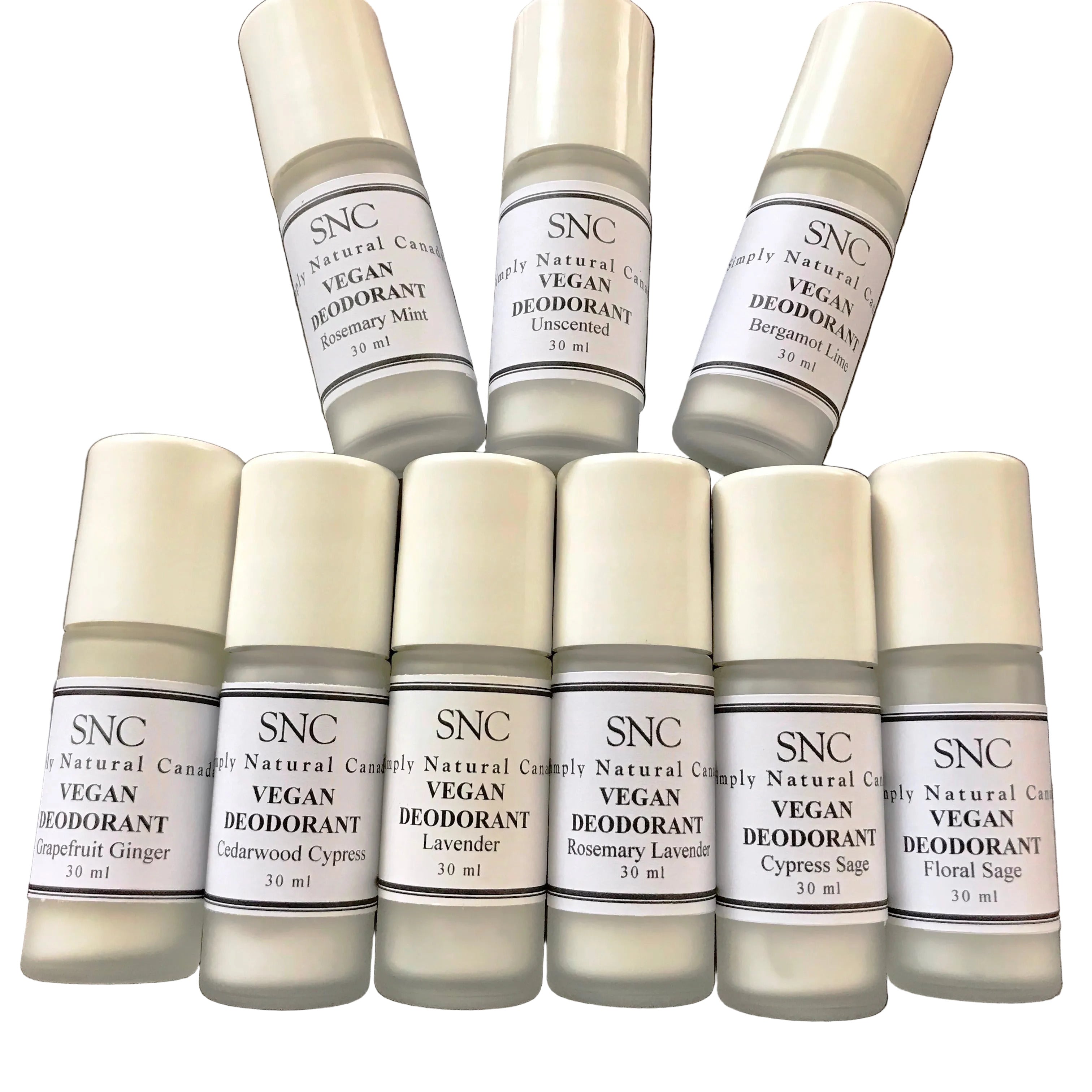 SNC vegan roll-on deodorant 30 ml refillable glass natural magnesium deodorant Canada eco-friendly low waste personal care multiple scents