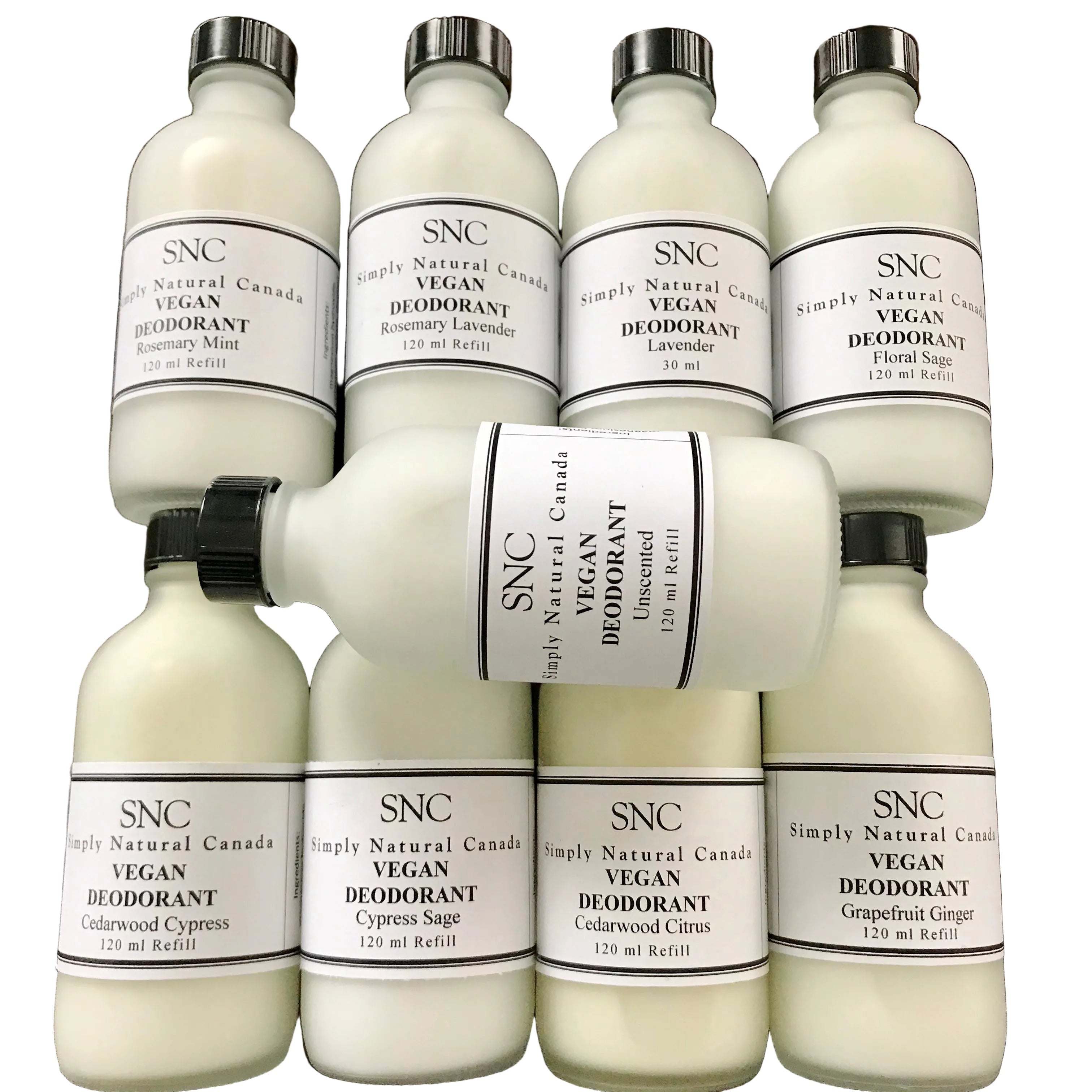 SNC vegan deodorant refill bottles 120 ml natural magnesium formula refillable low waste deodorant Canada multiple scent options