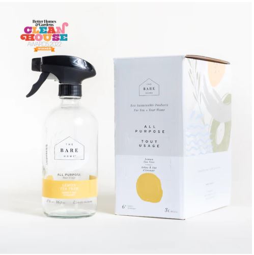 Lemon Tea Tree all-purpose spray cleaner bottle by The Bare Home with natural citrus scent, made in Canada for kitchen use