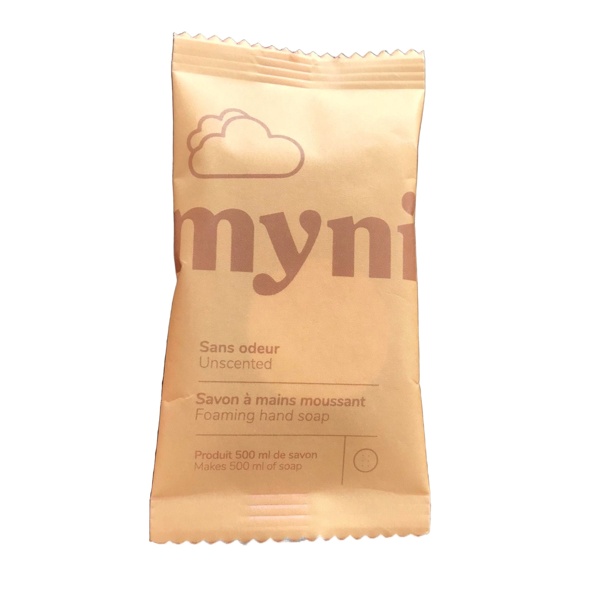 Myni Foaming Hand Soap Refill in white plastic pouch with blue label, unscented, 16 oz, smooth surface, eco-friendly