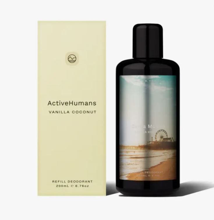 Close-up of spray nozzle and clear plastic cap on Active Humans Vanilla Coconut Deodorant bottle, highlighting precise