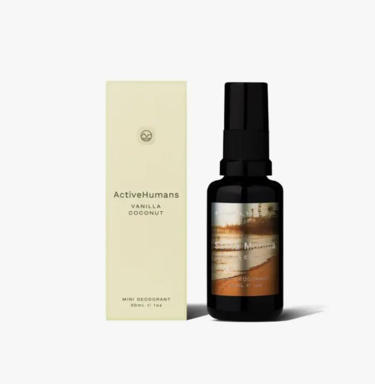 Close-up of the clear spray nozzle and amber plastic bottle of Active Humans Vanilla Coconut Deodorant with white label