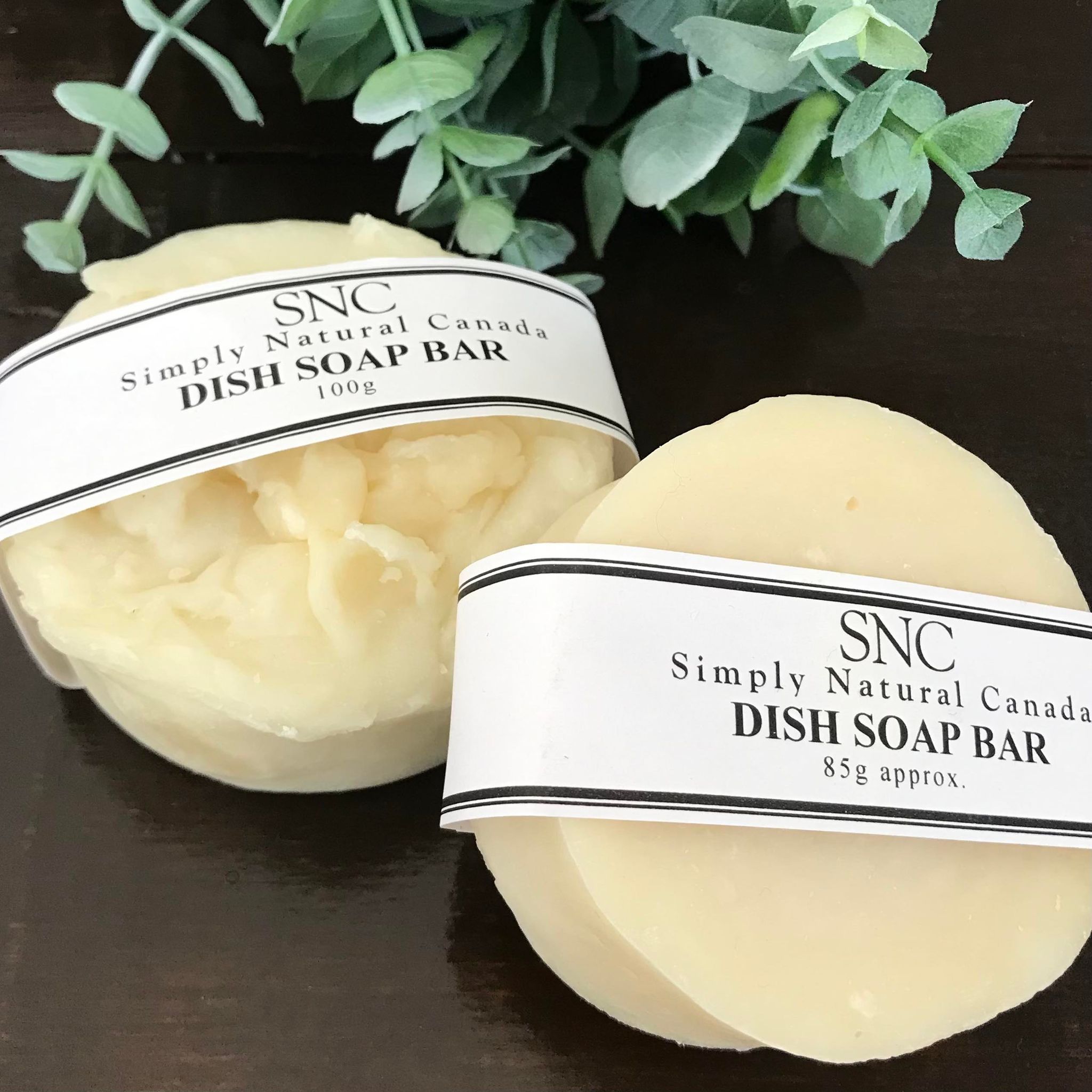 Biodegradable citrus dish soap bar with textured surface and natural essential oil scent, branded Simply Natural Canada, 4 oz