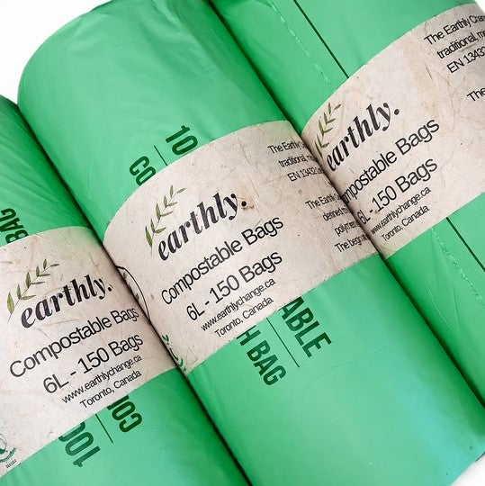 Canadian made Earthly compostable garbage bags in 6L size with recyclable packaging for eco-friendly low-waste household waste management