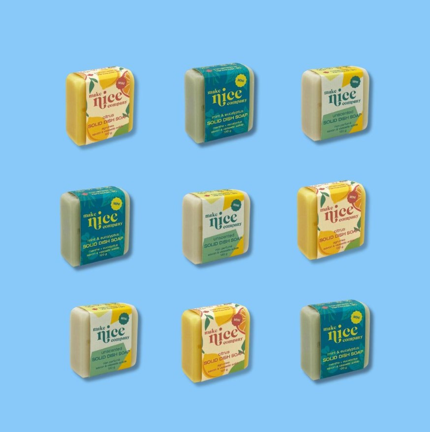 Mini versions of Canadian made Make Nice Company dish soap bars 120 g. pictured in 3 rows of 3 on a light blue background
