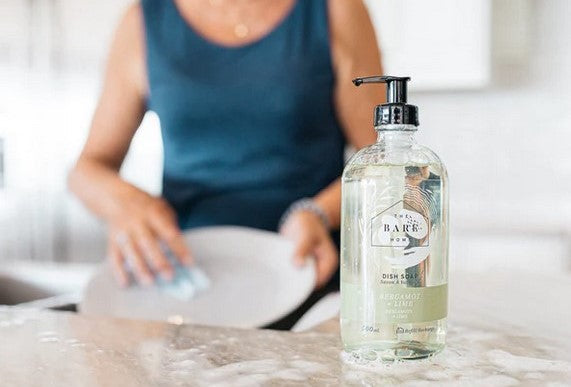 refillable natural dish soap in reusable glass pump bottle by The Bare Home Canada