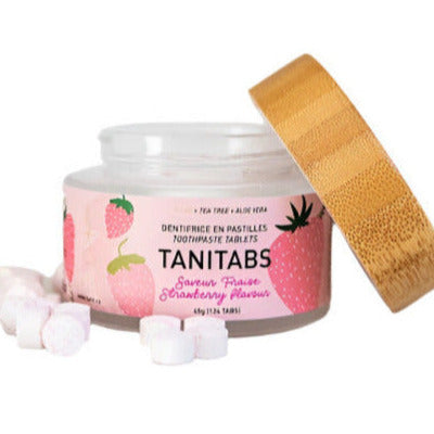 TANITABS Strawberry Toothpaste Tablets in biodegradable pouch, kids' dental care, Canadian-made, natural strawberry flavor