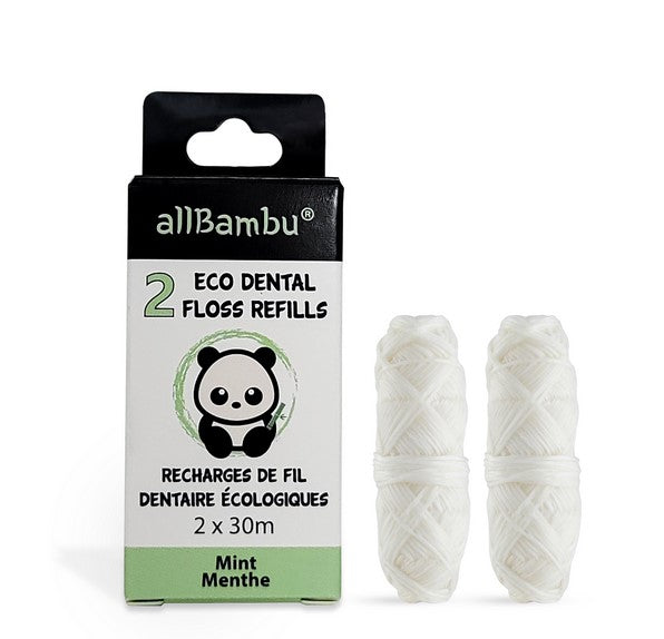 Close-up of biodegradable silk wrap around the allBambu eco dental floss spool, highlighting the natural fiber texture and