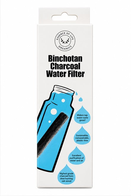 Essence of Life Binchotan Charcoal Water Filter in plastic-free packaging on a white background.