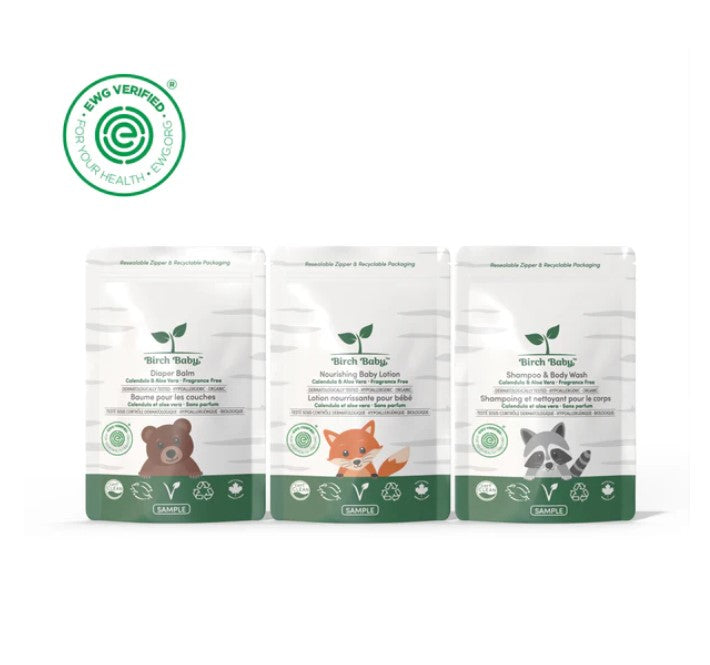 Birch Baby Skincare Travel Bundle featuring fragrance-free, gentle baby lotion, body wash, and diaper balm with natural