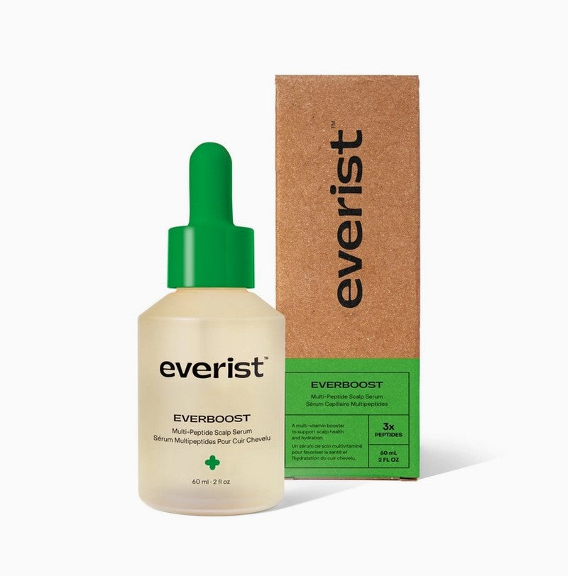 Everist EverBoost multi-peptide scalp serum bottle and recyclable box packaging for hair growth support