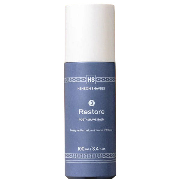 Henson Shaving Restore Post-Shave Balm bottle on white background – soothing, hydrating after-shave skincare for minimizing irritation.