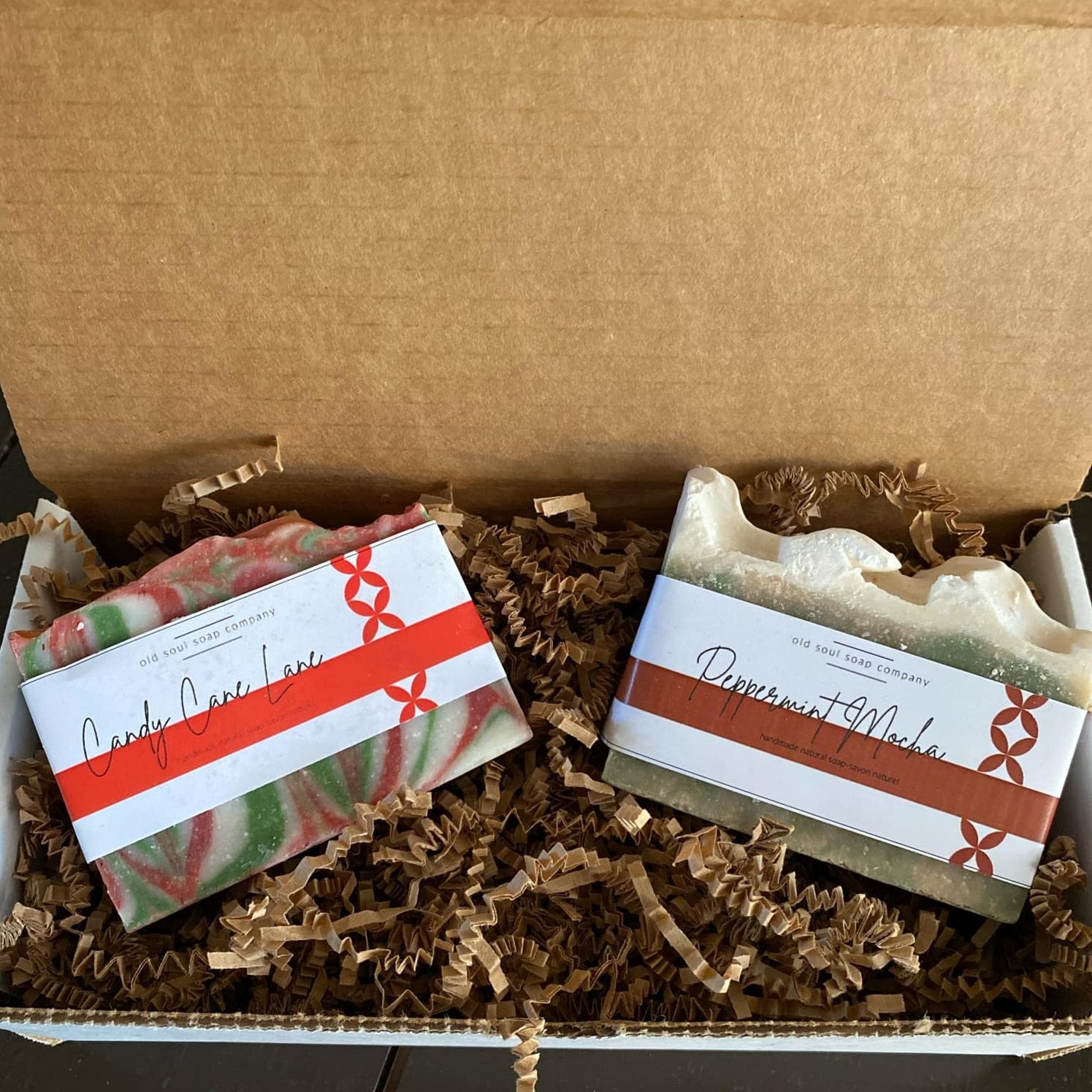 Old Soul Soap Company Holiday Soap Duo Gift Set featuring peppermint mocha and brown sugar scrub bars with red and white