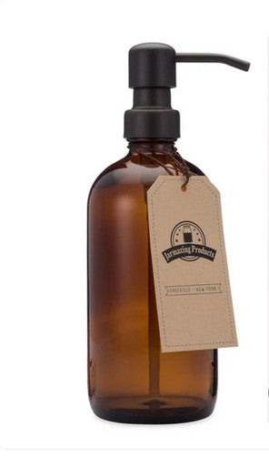 Jarmazing 16 oz amber glass soap and lotion dispenser with black metal pump and branded tag, vintage-style reusable bottle for kitchen or bathroom
