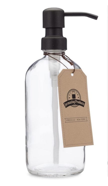 Jarmazing 16 oz clear glass soap and lotion dispenser with black metal pump and tag, reusable kitchen and bathroom countertop bottle for liquid soap or lotion