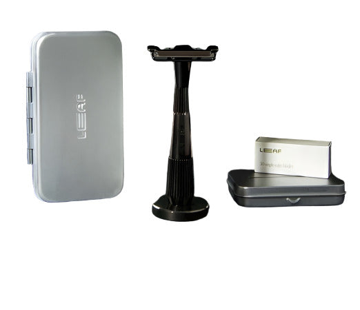 Leaf Shave Thorn Razor Kit - Mercury with stainless steel handle, leaf-shaped shave head, and textured grip in matte silver
