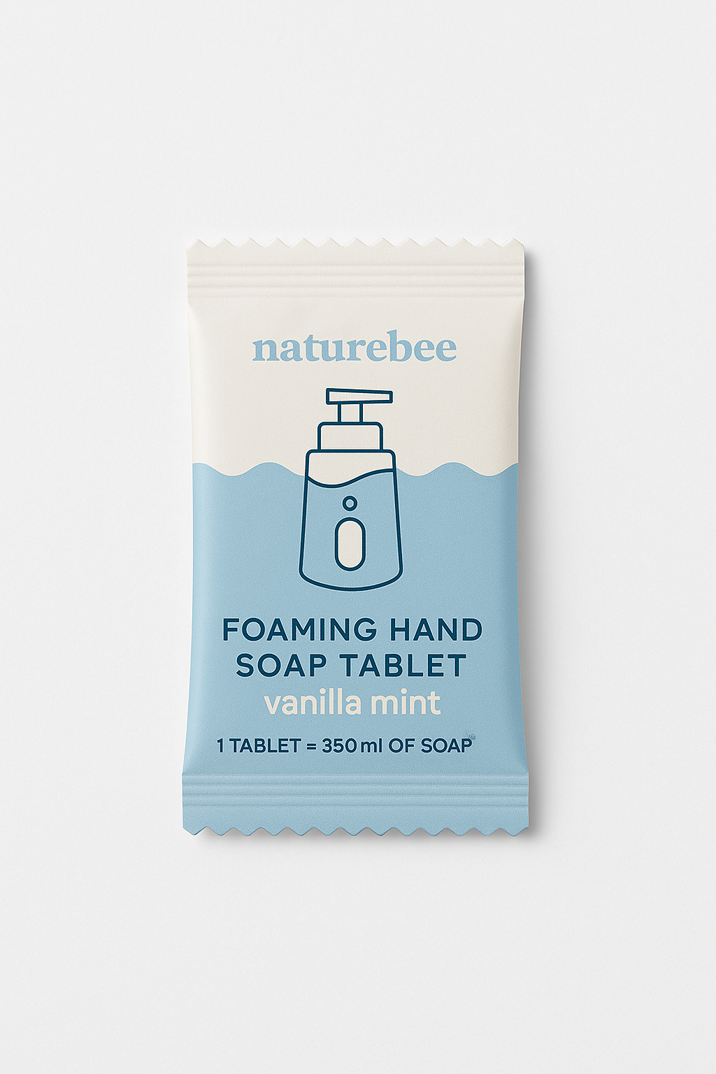 Nature Bee Clean vanilla mint dissolvable foaming hand soap tablet in white plastic container with green label