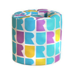 Close-up of colorful bamboo wrap pattern and textured surface on the rolled bamboo toilet paper package.