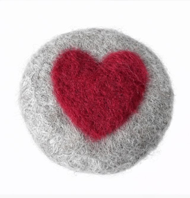 Apple Cinnamon Cider heart felted soap with red wool heart – handmade natural essential oil soap wrapped in grey felted wool on a white background