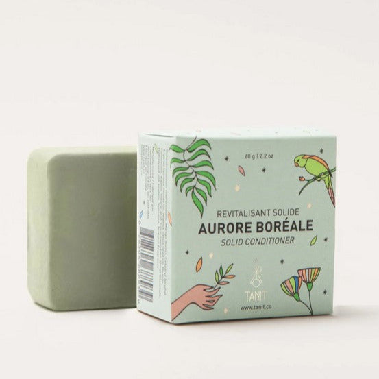 Aurore Boréale conditioner bar for oily, delicate hair by Tanit Botanics featuring a smooth, cream texture and fresh