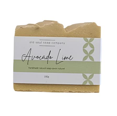 Avocado Lime Artisan Soap bar by Old Soul Soap Company with natural creamy texture and vibrant green, lime accents