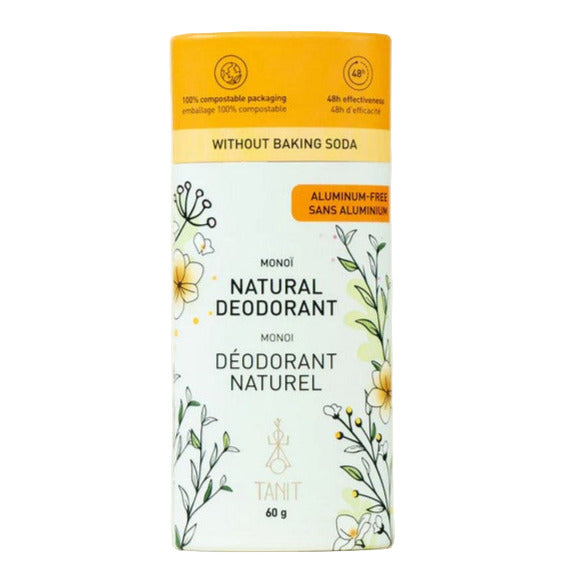 Tanit Botanics Tanit Solid Deodorant Stick in Monoi scent, 2.65 oz beige natural formula with textured surface