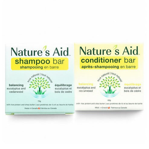 Nature's Aid balancing shampoo and conditioner bar set with natural ingredients, gentle on all hair types, in eco-friendly
