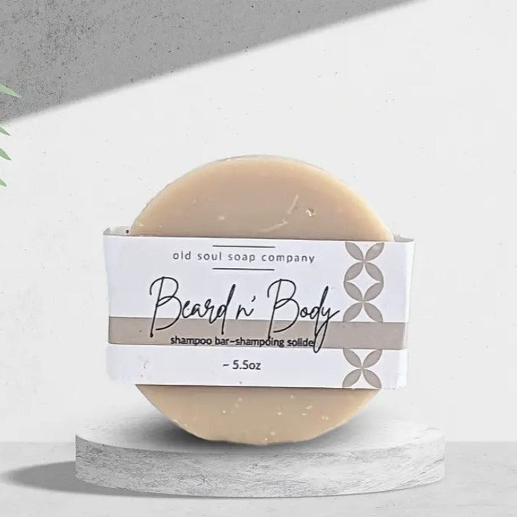 Old Soul Soap Company beard and body shampoo bar, rectangular citrus mint soap with textured surface and printed logo, 4x2