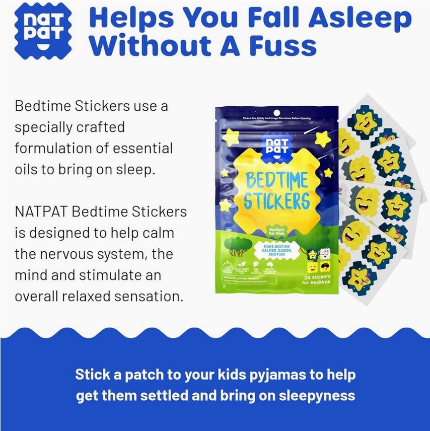 Close-up of NATPAT Sleep Sticker packaging showing colorful design and adhesive backing for easy application on bedding
